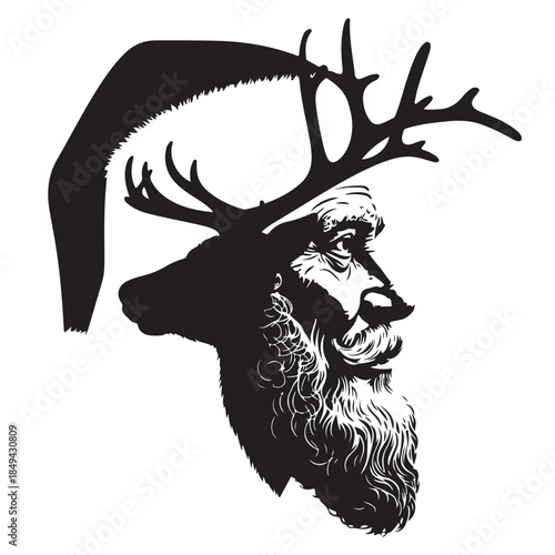 Santa Claus with reindeer antlers and beard in black silhouette