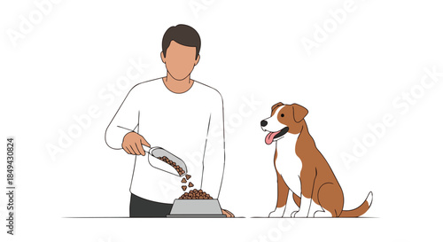 A caring owner meticulously prepares and serves a delicious portion of dry kibble into a bowl for their loyal, happy canine, illustrating pet care