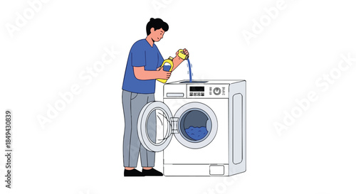 Person adding liquid detergent to a washing machine for laundry day chores and household tasks