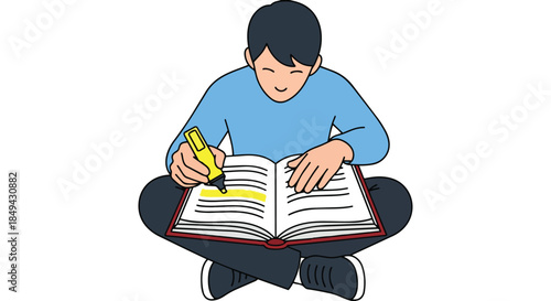 A focused young student diligently engages in personal study, carefully highlighting crucial information within an open educational textbook to