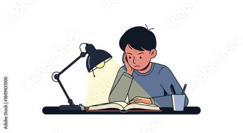 Focused student diligently studying at a desk under the warm glow of a lamp pursuing knowledge