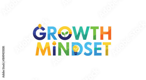 Vibrant textual illustration of growth mindset principles, depicting continuous development, innovative thinking, and upward educational progress