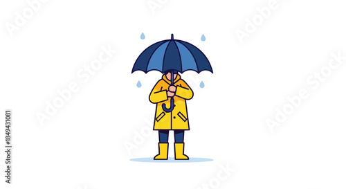 Cheerful individual in bright yellow rain attire seeking shelter from the drizzle beneath a sturdy blue umbrella