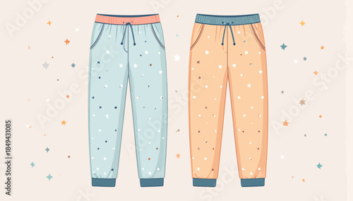 Two pairs of cozy patterned pajama pants, one light blue and one peach, displayed on a neutral background with scattered small star and dot graphics