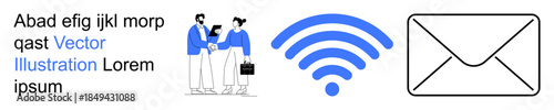 Digital communication, networking, connectivity, teamwork, professional exchange, online messaging. People exchanging documents, wireless signal and email icon. Highlighting digital communication