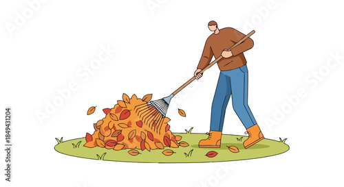 An illustrative depiction of autumn lawn care with a person diligently raking vibrant fall leaves into a sizable mound on green grass a seasonal