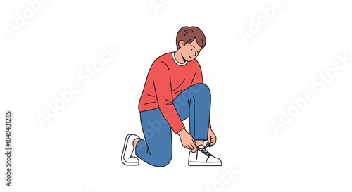 A cheerful young man meticulously prepares for an active day, kneeling to tie the shoelaces on his pristine white sneakers, embodying readiness and