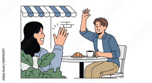 Friends meeting at cafe, sharing greetings over coffee and croissant, under awning, symbolizing pleasant social interaction and happy connections in