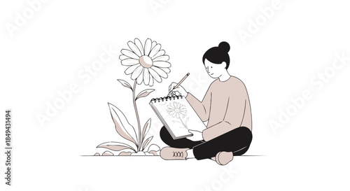 A thoughtful illustration portrays an individual sketching a lovely daisy flower in their notebook outdoors, finding calm artistic expression within