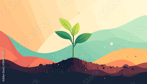 Vibrant seedling growing from rich soil against a colorful, abstract landscape, symbolizing growth and nature