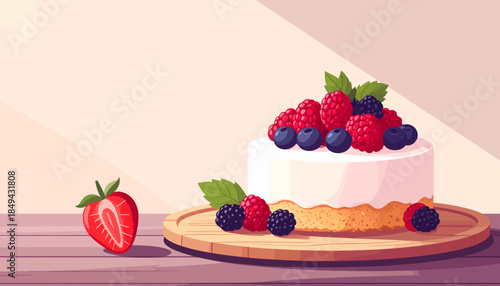A delightful cake adorned with fresh berries and leaves, presented on a wooden board, evoking a sense of sweetness and celebration