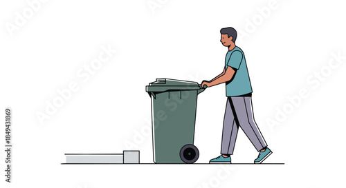 A cheerful individual diligently transports a large green wheeled garbage container, contributing to community cleanliness and proper waste