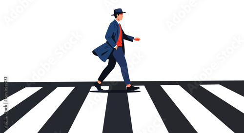 A stylish urban pedestrian confidently strides across a graphic black and white zebra crossing, depicting purposeful movement and daily navigation