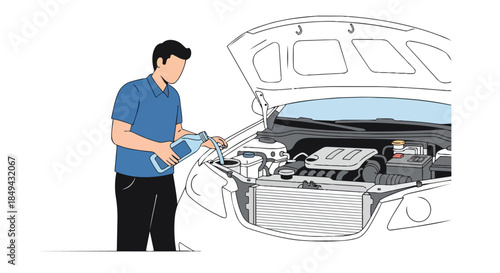Graphic depiction of a person performing routine vehicle maintenance, carefully pouring essential liquid into the open engine bay for optimal car