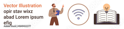 Education, communication, technology, innovation, connectivity, wireless networking. Image shows a person indicating ideas, a wireless icon and an open book with a lightbulb. Education