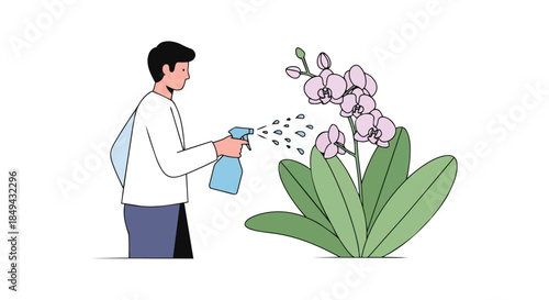 Illustrated depiction of a person diligently misting a vibrant orchid plant at home, fostering its healthy growth and delicate blooms