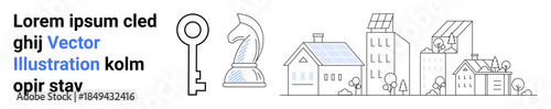 Sustainability, security, renewable energy, strategic planning, real estate, and urban design. Key, chess knight solar panels and buildings. Sustainability and renewable energy concept