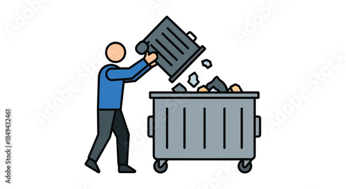 Simple illustration showing a person emptying a small trash can into a large dumpster, promoting responsible waste disposal. This action highlights