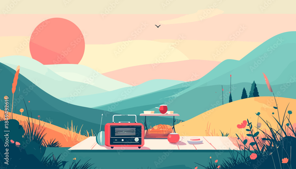 Fototapeta premium Serene Sunrise Picnic Scene with Vintage Radio and Refreshments Amidst Rolling Hills and Wildflowers