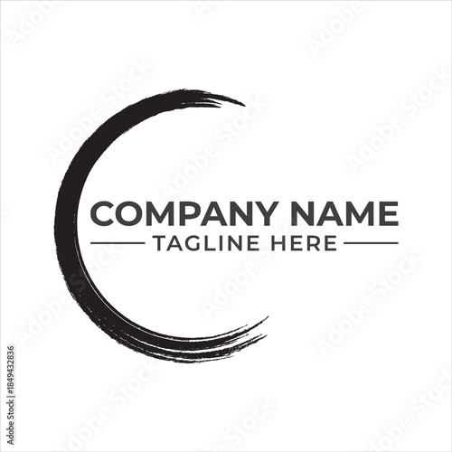 Minimalist black and white logo design featuring a calligraphic brush stroke crescent for company branding