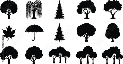 Tree silhouette collection with forest leaf umbrella nature elements isolated on white background illustration vector set design