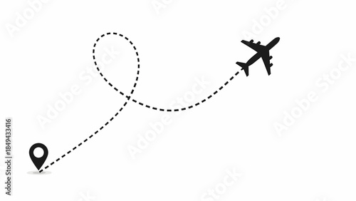 An airplane follows a dotted line path from a location pin to its destination.