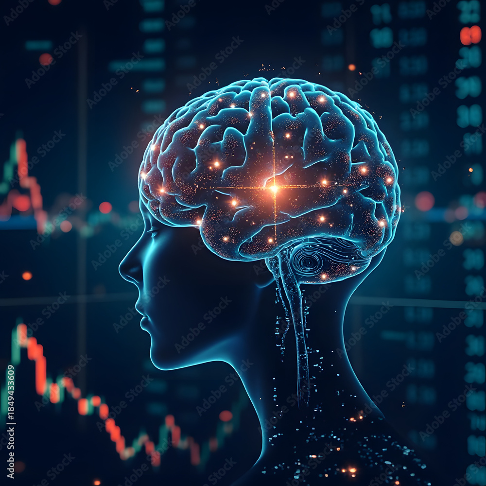 Obraz premium Artificial Intelligence Analyzing Stock Market Data with Glowing Charts, Futuristic Machine Learning Trading Concept