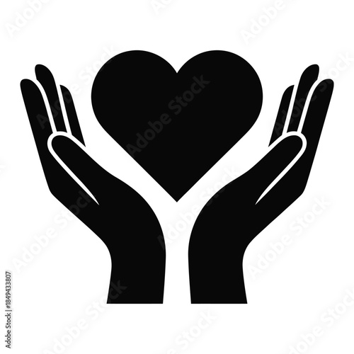 Pair of open hands holding a heart shape icon in black and white, symbolizing care, love, charity, and giving support to others