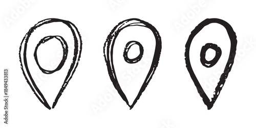 Set of hand drawn map pin Map marker pointer sign GPS and mapping tools Location pin symbol Pinpoint clipart in doodle style Single element for web, design