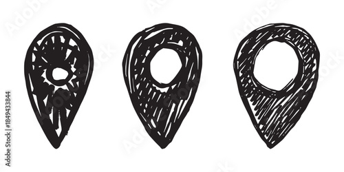 Set of hand drawn map pin Map marker pointer sign GPS and mapping tools Location pin symbol Pinpoint clipart in doodle style Single element for web, design