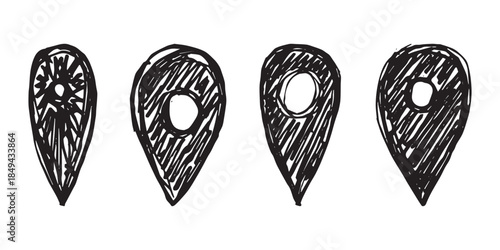 Set of hand drawn map pin Map marker pointer sign GPS and mapping tools Location pin symbol Pinpoint clipart in doodle style Single element for web, design