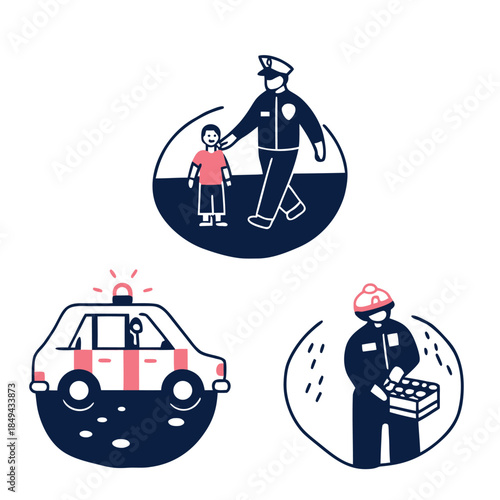 Hand Drawn Emergency Service and Public Safety Vector Illustration Set with Police and Firefighter