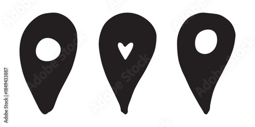 Set of hand drawn map pin Map marker pointer sign GPS and mapping tools Location pin symbol Pinpoint clipart in doodle style Single element for web, design