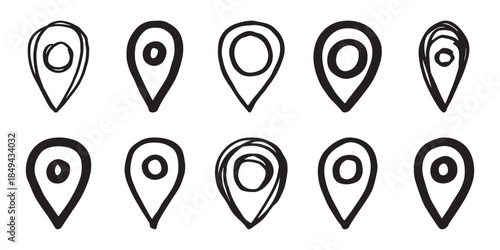 Set of hand drawn map pin Map marker pointer sign GPS and mapping tools Location pin symbol Pinpoint clipart in doodle style Single element for web, design