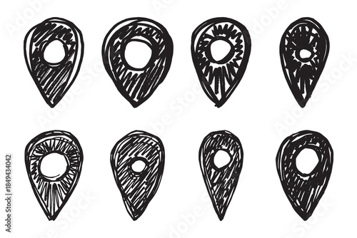 Set of hand drawn map pin Map marker pointer sign GPS and mapping tools Location pin symbol Pinpoint clipart in doodle style Single element for web, design