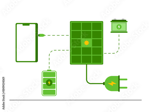 Solar power system used for charging devices. Green energy vector illustration. Flat illustration concept.