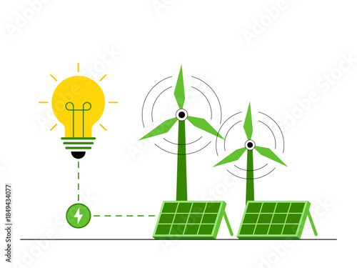 The use of renewable energy sources, especially wind and solar power, to generate electricity. Green energy vector illustration. Flat illustration concept.