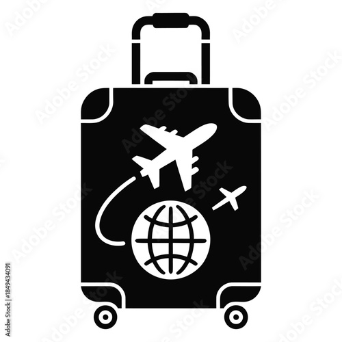 Travel suitcase with an airplane flying around globe icon in black and white, depicting international travel, global journey, and world adventure