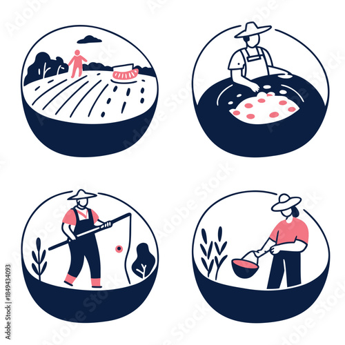 Hand Drawn Farmer and Agriculture Vector Illustration Set with Field Work Scenes