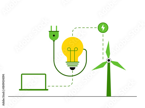 Renewable or green energy, specifically wind power, and its application in daily life. Green energy vector illustration. Flat illustration concept.