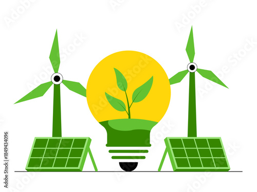 Two wind turbines that convert the kinetic energy of the wind and two solar panels to capture sunlight and convert it into electrical energy. Green energy vector illustration. Flat illustration.