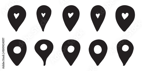 Set of hand drawn map pin Map marker pointer sign GPS and mapping tools Location pin symbol Pinpoint clipart in doodle style Single element for web, design