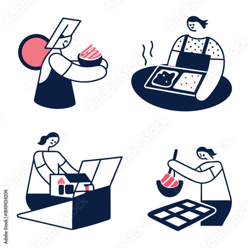 Hand Drawn Food Donation and Volunteering Vector Illustration Set with Cooking Scene