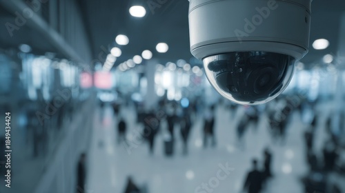 Close-up of a security camera in a public area, blurring out the bustling crowd in the background. Overhead perspective