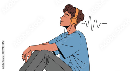 A peaceful illustration of a young person finding serenity through sound, wearing headphones, lost in a personal audio experience. This visual