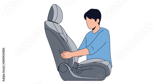 A person in a blue shirt is actively adjusting the ergonomic position of a modern automobile seat, ensuring optimal comfort and safety for their