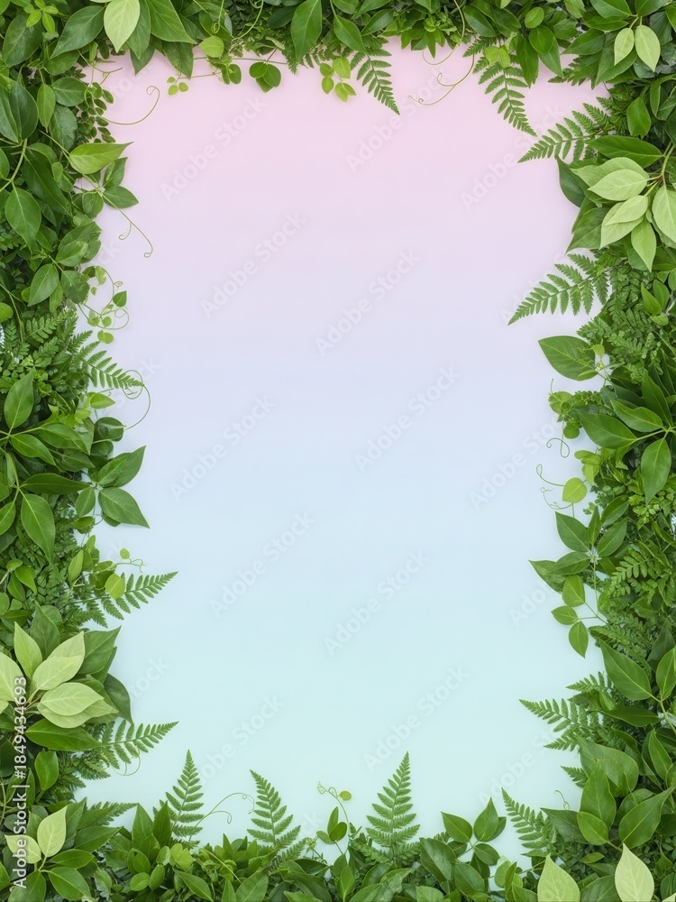 Naklejka premium Lush green leaf frame with pastel sky border.