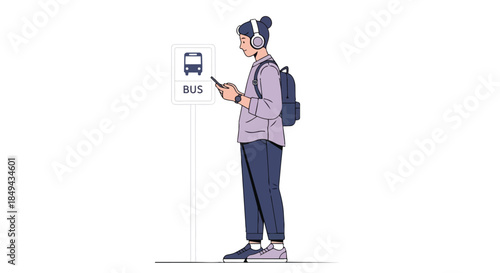 A modern urban commuter stands patiently at a designated bus stop, engrossed in their smartphone while listening through headphones, portraying