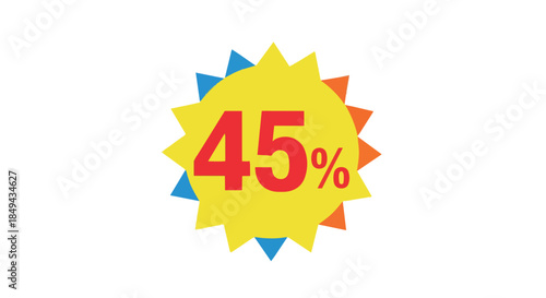 Dynamic yellow sunburst emblem prominently displaying forty-five percent off, designed for eye-catching promotional advertising, sales events, and