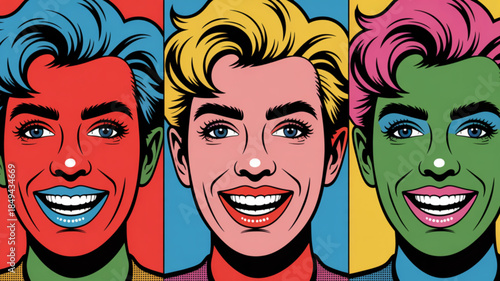 Eight vibrant pop art portraits of a smiling man in diverse color palettes and styles

